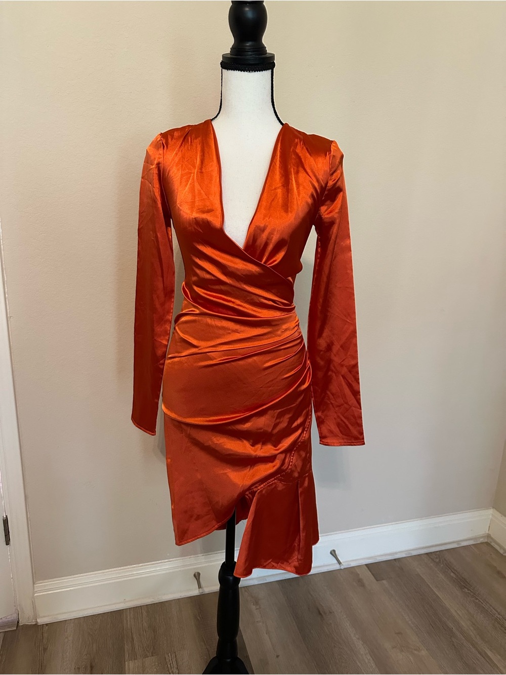 PrettyLittleThing Satin Deep V Wrap Midi Dress in Orange